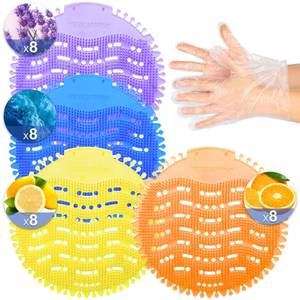 lot 13275 image: 32 PACK Urinal Deodorizer Screen with 100 Gloves-3D Wave Anti-Splash Odor Protection Urinal Cakes for Men Toilets, Four Scents Urinal Mats
