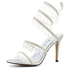 lot 13283 image: GPXGPX Rhinestone High Heels for Women Ankle Wrap Stiletto Strappy Sandals Fringes Crystal Pendants Party Wedding Bridal Evening Heeled Sandals Silver Heels Dressy 7.5