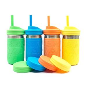 lot 13284 image: Elk and Friends 14oz Stainless Steel Kids  Toddler Drinking Cups  The Original Mason Jar with Sleeves  Lids  Silicone Straws  Smoothies  Storage Jar  Spill Resistant  Dishwasher Safe  4 Pack