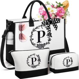 lot 14035 image: Personalized Gifts for Women, Initial Canvas Tote Bag and Makeup Bag Monogrammed Beach Tote Bags for Women w Zipper, Christmas Birthday Gifts for Mom Wife Girlfriend Sister Best Friend Daughter Teacher