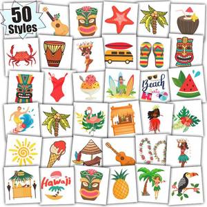 lot 18067 image: (Lot of 5) Partywind Hawaiian Kids Temporary Tattoos, Individually Wrapped Cut Tattoos for Hawaiian Luau Pool Beach Party Supplies Decorations, Hawaiian Birthday Party Goodie Bag Stuffers (50 PCS)