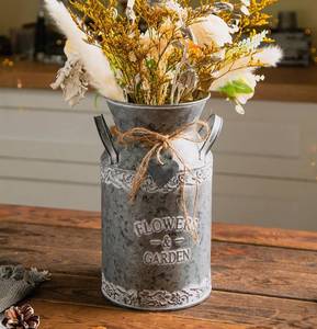 lot 19413 image: TIMRIS Vintage Galvanized Metal Milk Can, Farmhouse Decorative Flower and Garden Pitcher Vase, Rustic Milk Jug Vase for Flowers, 10.6��H (Minor Dents)