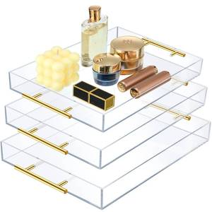 lot 19418 image: meekoo 3 Pack Acrylic Serving Tray with Handles, 12 x 16, 11 x 14, 10 x 10 Inch, Sturdy Huge Capacity Acrylic Trays for Coffee, Juice, Kitchen Desk Organizer(Clear with Gold Handle)