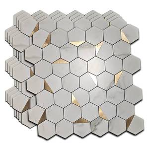 lot 19425 image: Hexagon Peel and Stick Backsplash Tiles, White Marble with Gold Accents, Waterproof PVC, 10 Sheets, Self-Adhesive Mosaic for Kitchen, Bathroom, Fireplace (10, Golden)