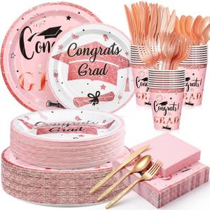 lot 19427 image: Domensi 400 Pcs 2026 Graduation Decorations Plates and Napkins and Cups Set Serve 50, Pink and Gold Graduation Party Supplies, Class of 2026 Paper Tableware 9oz Cup Knife Fork Spoon Congrats Grad
