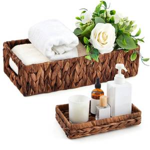 lot 19435 image: 2 Pcs Toilet Paper Basket for Back of Toilet Wicker Water Hyacinth Basket Topper and Vanity Tray Set with Built-in Handles for Paper Hand Towel, Bathroom, Home, Spa(Dark Brown)