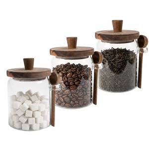 lot 19439 image: Piscepio Set of 3 Glass Jars Containers with Wooden Lids and Scoop Clear Canister Jars Set with Spoon for Kitchen Food Storage Coffee Tea Sugar Decorative Countertop Organization Jars 31 oz (3)