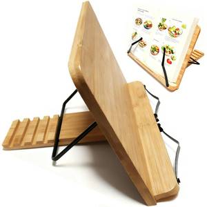 lot 19442 image: Recipe Book Holder, Bamboo Book Stand with 6 Adjustable Angles, Foldable Lockable Cook Book Stand for Kitchen Counter, Holds 400 Pages Thick Book for Home Office Dorm (11 x 7.7 Inch)