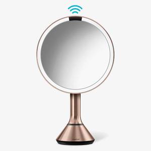 lot 19479 image: simplehuman Sensor Mirror, Lighted Makeup Mirror with Magnification (5X), 8in Round Magnifying Vanity Mirror with Lights, Cordless, Rose Gold Stainless Steel