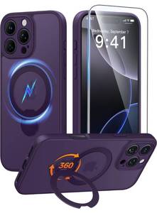 lot 20067 image: FNTCASE for iPhone 16 Pro-Max Case 360 Spin Magnetic Stand Compatible with Magsafe Screen Protector Translucent Matte Military Grade Shockproof Full Camera Protective Phone Cover - Purple