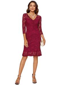 lot 20479 image: Atnlewhi Womens 34 Sleeve Slim Fit Lace Cocktail Dresses Party Wedding Guest V Neck Formal Evening Bodycon Dress Burgundy Large