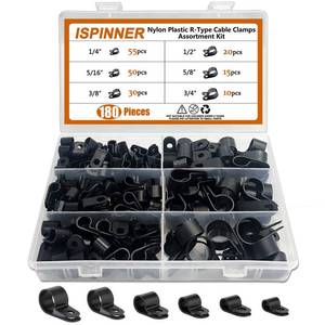 lot 20494 image: ISPINNER 180pcs Nylon Plastic R-Type Cable Clamps, 14in 516in 38in 12in 58in 34in Clips Fasteners Assortment Kit for Cable Conduit (Black)