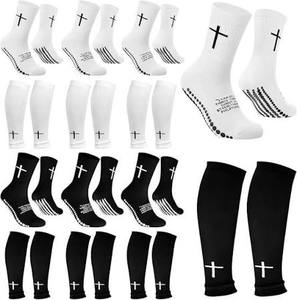 lot 14109 image: 12 Pairs Cross Grip Soccer Socks Soccer Shin Guard Sleeves Non Slip Christian Socks with Bible Verse for Men Women Black