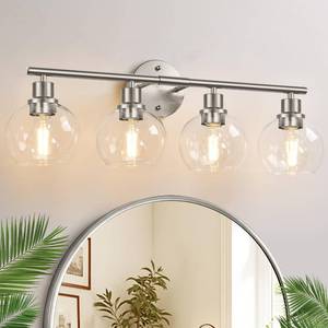 lot 1349 image: Indoi 4-Light Bathroom Light Fixtures, Brushed Nickel Modern Vanity Lights Over Mirror with Clear Glass Globe Shade, Bathroom Wall Sconces for Mirror Kitchen Living Room Hallway Cabinet Bedroom Porch