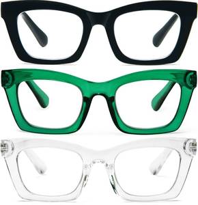 lot 2034 image: REAVEE 3 Pack Reading Glasses Blue Light Blocking Computer Square Readers for Women with Spring Hinge Anti GlareEyestrain, Black Green Clear 2.0