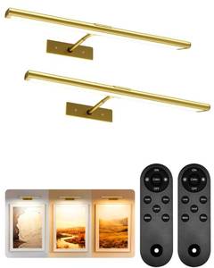 lot 2036 image: EZVALO Picture Light for Wall, 4800mAh Rechargeable Wireless Remote, Dimmable Magnetic LED Art Display Light with 3 Color Temperatures, for Gallery, Living Room, Bedroom, Hallway (Gold-2Pack)