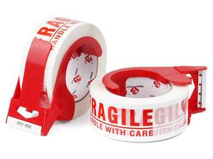 lot 2043 image: BOMEI PACK Fragile Tape 2 Inch x 330 Feet (110 Yards) 2 Rolls, Fragiles Tape Handle with Care for Shipping with Dispenser, Heavy Duty Marking Tape for Moving Box