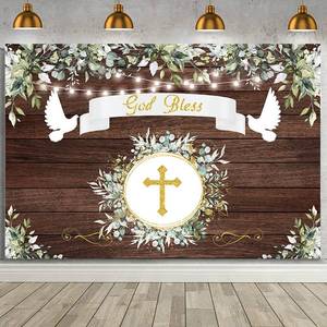 lot 2048 image: AIBIIN 7x5ft Rustic God Bless Baptism Backdrop First Holy Communion Party Photo Background Rustic Wood Green Leaves Glitter Christening Party Decor Baby Shower Ceremony Banner Studio Booth Props