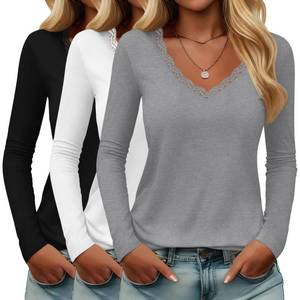 lot 2074 image: Huukeay 3 Pack Womenfts Lace Long Sleeve Shirts Deep V Neck Modal Basic Tees Slim Fit Casual Sexy Fall Y2k Going Out Tops(Light Mixed Gray, White, Black,XX-Large)