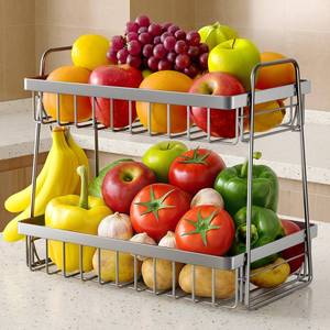 lot 2170 image: Sakugi Fruit Basket for Kitchen Counter - 2-Tier Fruit Bowl with Removable Banana Hanger and Handles, Rustproof Fruit Holder for Kitchen, Living Room, Bathroom, 13.4in8.7in11.7in, Silver