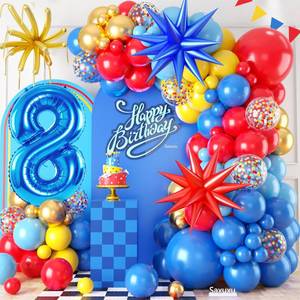 lot 2184 image: Red Yellow Blue Balloon Garland Arch Kit with Navy Blue 40 Inch Number 8 Balloon, 8th Birthday Decorations for Boy with Star Foil Balloons for 8 Year Old Theme Party Baby Shower Graduation