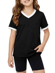 lot 2200 image: Poroka Girls Short Sleeve Shirt V-Neck Tee with Ribbed Trim Plain T-Shirts Soft Fashion Summer Tops for Girls, 7-14 Years Black