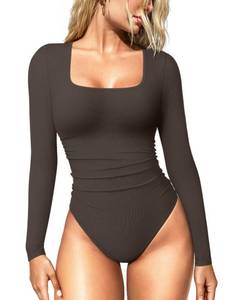 lot 2203 image: OQQ Womenfts Bodysuits Ruched Long Sleeve Square Neck Lounge Stretch Travel Bodysuits Tea leaf M