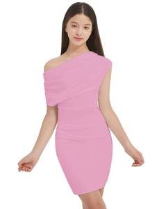lot 2226 image: EXARUS Girls Bodycon Dress Pre Teen Ruched Evening Party Graduation School DacneFormal Dresses Tween Mini Stretch Cowl Neck One Shoulder Short Tight Fitted Pencil Pink 10Y