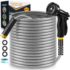 lot 3164 image: 100ft Garden Hose, Heavy Duty Metal Water Hose 100 ft with 10 Function Nozzle, Flexible No-Kink, Pet-Proof and Puncture-Proof Stainless Steel Outdoor Hose for Yard