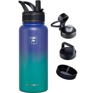 lot 3168 image: Fanhaw 32 oz Insulated Water Bottle � Portable Stainless Steel Flask with 3 Lids (Straw, Spout, Carabiner)  Leakproof, for Gym, Hiking, Work, Travel and Everyday Use (Purple Green)