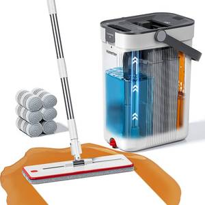 lot 3169 image: HoMettler Mop and Bucket Set, 3-Tank Flat Mop and Bucket System for Separate Dirty and Clean Water, 65in Mops for Floor Cleaning with 6 Washable Pads, Safe for Hardwood, Vinyl, Tile, Baseboards, Walls