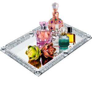 lot 3172 image: Large Crystal Tray, Glass Mirror Modern Jewelry Trinket Trays with Crushed Diamond, 15.7in x 11.8in Rectangular Makeup Perfume Tray for Bathroom Bedroom, Home Decor, Hotel Banquet, Party (Silver C)