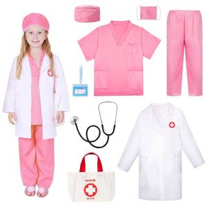 lot 4139 image: Meland Doctor Costume for Girls - Kids Scrubs with Lab Coat and Carry Bag, Doctor Dress Up for Halloween, Career Day Role Play(Pink,7-8 Years)