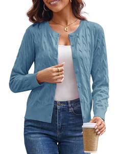 lot 4147 image: Women Button Up Cable Knit Cardigan Sweaters Lightweight Blue Cropped Cardigan Crewneck Shrug Sweaters for Women XXL