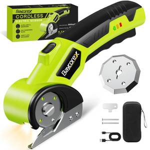 lot 4158 image: BaycoreX Electric Cardboard Cutter,3000mAh Box Cutter Rechargeable,Cordless Electric Scissors with 2 Blade, 4V Upgrade Motor,Safety Lock and LED Light, Powerful Cutting Tool for Paper Carpet,Green