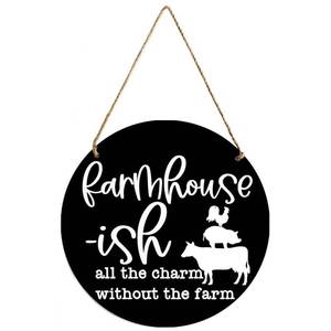 lot 4166 image: Farmhouse-ish Door Hanger 12 Inch Round Wooden Sign, Funny Farm Animal Stack Decor for Front Door Porch Farmhouse Housewarming Gift