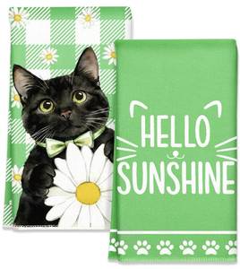 lot 4182 image: Miss Adola Spring Kitchen Towels - Spring Theme Microfiber 18x26 Inch 2pcs Dish Towels Decorative Absorbent Bright Green Hand Towel with Hanging Loop Design with Cat for Kitchen Housewarming Gift