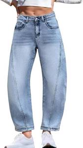 lot 4187 image: ELLEVEN Barrel Jeans Women Baggy Boyfriend Denim Pants Stretchy Loose Casual Jeans Low Rise Trousers Wide Leg Jeans Light Blue Large