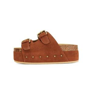 lot 4194 image: Wnshonzy Womens Genuine Leather Cork Platform Sandals Adjustable Buckle Straps Band Suede Clogs Platform Slip on Flatform Sandals Brown