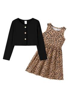 lot 4219 image: PATPAT Girlfts A-Line Printed Dress and Long Sleeve Cardigan � Great for Daycare or Everyday Wear, Black Leopard, 3-4 Years