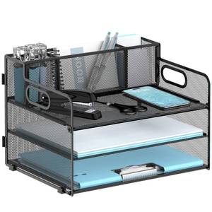 lot 6025 image: JMHUD 3 Tier Desk File Organizer with Pen Holder, Mesh Paper Tray File Organizer for Desk, Fold Holder with Handle for Office, Classroom, Home, Workspace(Black)