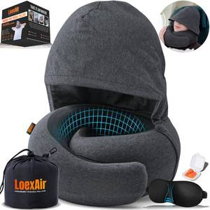 lot 6061 image: LOEXAIR Hooded Pro Travel Pillow - Memory Foam Neck Support Pillow for Airplane, Flight - Super-Soft Pure Cotton Fabric, Maximum Privacy and Light-Block Design, Lightweight Full Travel Kit - Dark Grey