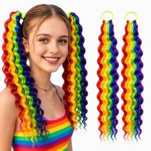 lot 6069 image: Rainbow Ponytail Extension for Women, Crazy Hair Day Accessories, Tie-in Curly Wavy Ponytail with Elastic Band for Wacky Hair Day Carnival, 18 Inch, 2 Packs