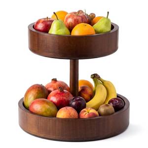 lot 6079 image: LemonRoad 2 Tier Round Wood Fruit Bowl Wooden Fruit Basket Bread Bowl Detachable Vegetable Holder Organizer Stand for Kitchen Counter Dessert Platter Tray Dish Dining Snack (Brown)