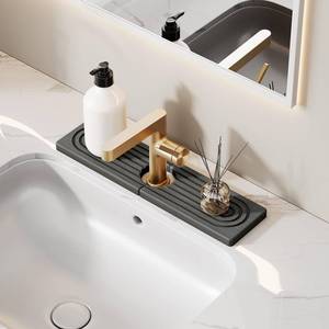 lot 6096 image: 16 Inch Stone Faucet Mat for Kitchen Sink Splash Guard - Diatomite Quick Dry Stone Mat Kitchen Sink Protectors, Water-Absorbent Faucet Handle Drip Catcher Tray with Drainage (Dark Gray, 15.7in x 3.9in)