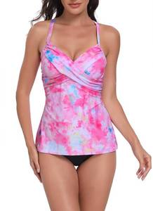 lot 6112 image: Halcurt Womenfts Twist Front Tankini Swim Top Only V Neck Loose Fit Bathing Suit Push Up Swimsuit Top Pink L
