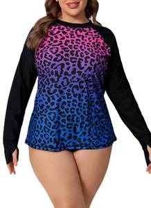 lot 6113 image: Halcurt Womenfts Plus Size Long Sleeve Rash Guard Swim Shirt with Thumb Holes UPF50 Sun Protection Swimsuit Top Ombre Leopard size 3X