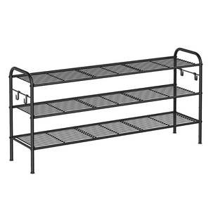 lot 7112 image: SONGMICS Shoe Rack, 3-Tier Shoe Organizer, Metal Shoe Shelf Storage with 4 Side Hooks, Holds 24 Pairs of Shoes, Height-Adjustable Shoe Rack for Entryway, Hallway, Closet, Ink Black ULMR131B01