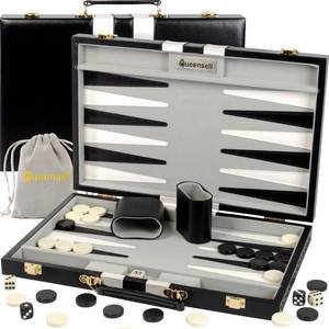 lot 7115 image: Large Black Backgammon Sets for Adults - Classic Board Games for 2 Players Adults and Kids - Premium Backgammon Set 15 Inch Board and 32 Backgammon Pieces in Quality PU Leather Case