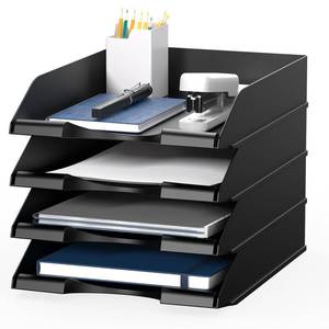 lot 7118 image: 4 Pack Stackable Paper Trays for Letter Documents, Desktop File Organizers for Office Supplies, Stackable Desk Tray Holder for Paper Storage, Black